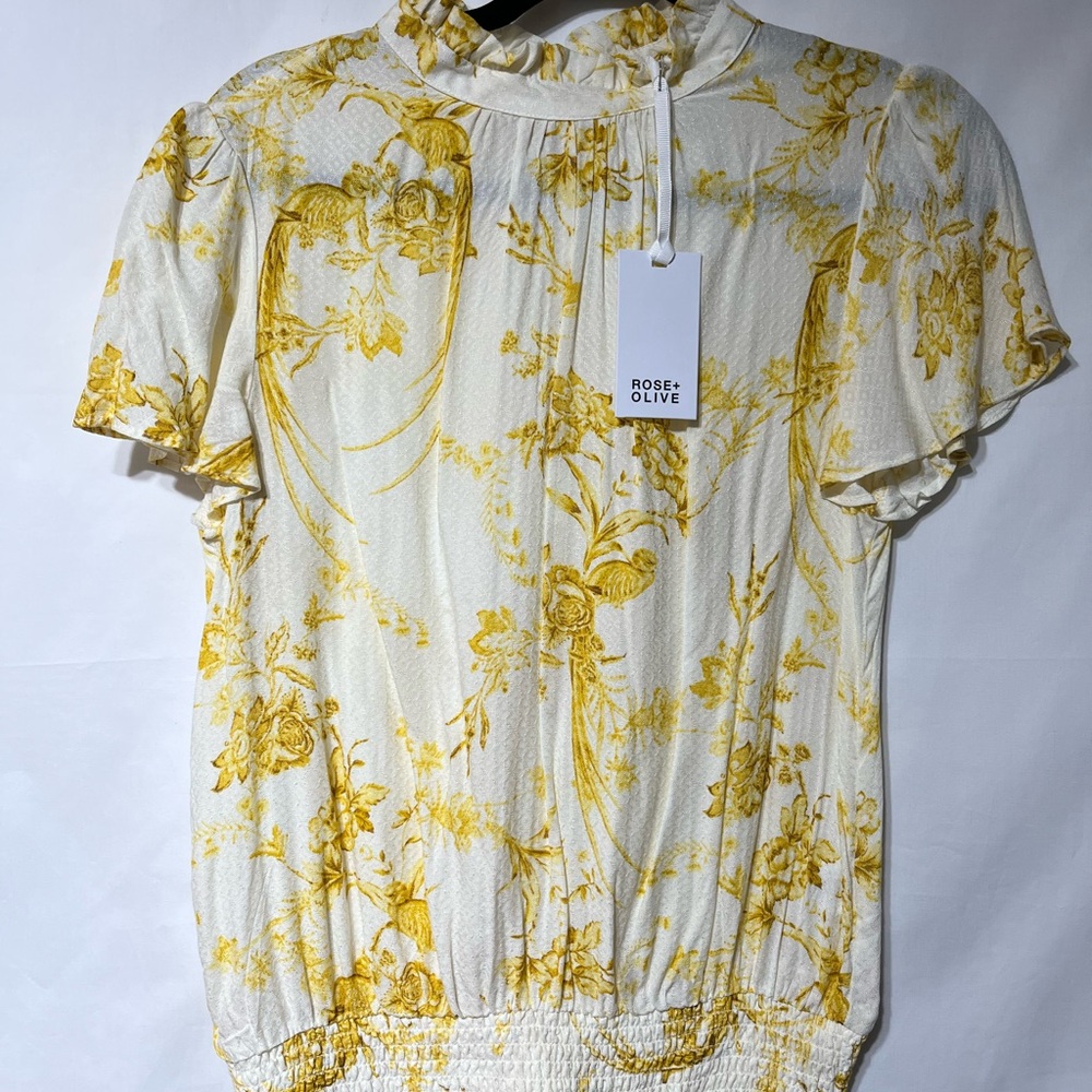 Rose & Olive Yellow Floral Ruffle Neck Blouse
